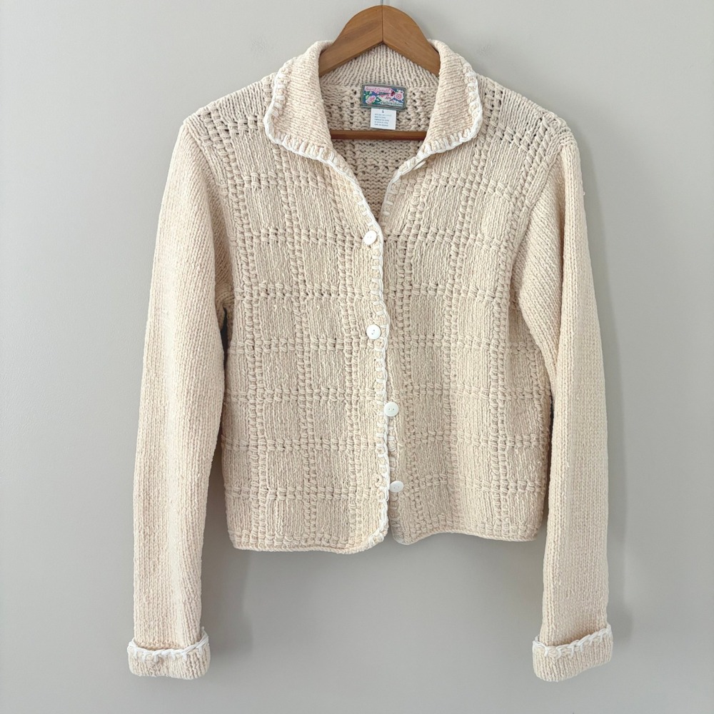 April Cornell Cardigan Sweater S Beige Chenille Knit Button Whipstitch Trim
